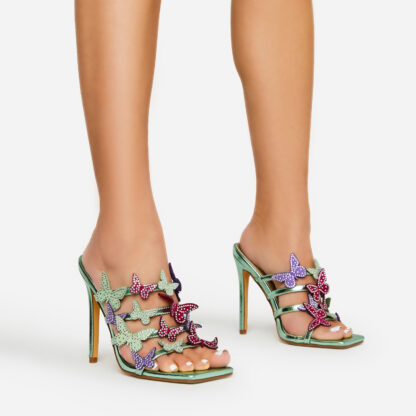 Metamorphosis Diamante Butterfly Detail Strappy Square Toe Stiletto Heel Mule In Green Metallic Faux Leather, Green