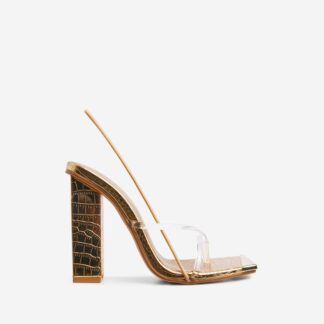 Milkyway Perspex Cross Strap Square Toe Slingback Block Heel In Gold Croc Print Faux Leather, Gold