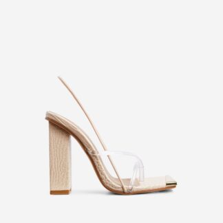 Milkyway Perspex Cross Strap Square Toe Slingback Block Heel In Cream Nude Croc Print Faux Leather, Nude