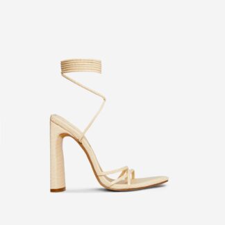 Mistletoe Lace Up Strappy Pointed Toe Flared Block Heel In Cream Nude Croc Print Faux Leather, Nude