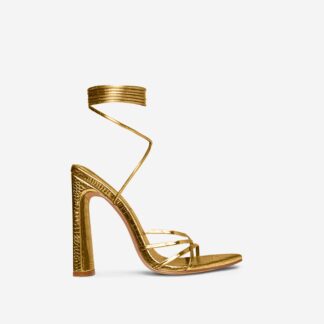 Mistletoe Lace Up Strappy Pointed Toe Flared Block Heel In Gold Croc Print Faux Leather, Gold