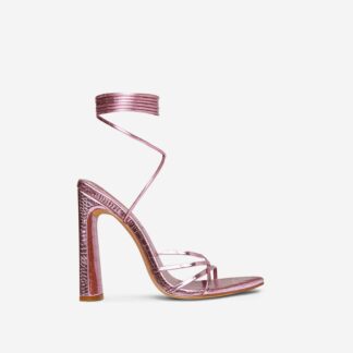 Mistletoe Wide Fit Lace Up Strappy Pointed Toe Flared Block Heel In Pink Croc Print Faux Leather, Pink