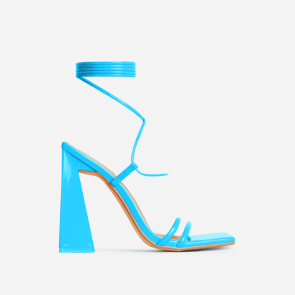 My-Universe Lace Up Strappy Square Toe Flared Block Heel In Blue Patent, Blue