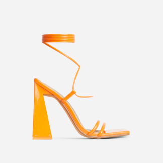 My-Universe Lace Up Strappy Square Toe Flared Block Heel In Orange Patent, Orange