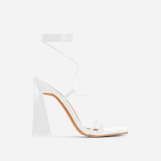 My-Universe Lace Up Strappy Square Toe Flared Block Heel In White Patent, White