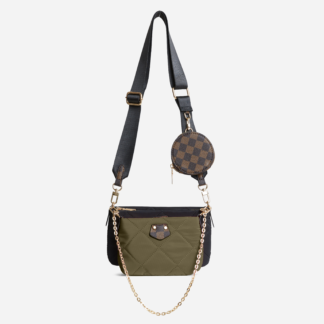 Neo Chain And Purse Detail Cross Body Bag In Quilted Khaki Green Nylon,, Green