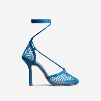 New-Me Lace Up Square Toe Court Heel In Teal Blue Fishnet, Blue