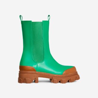 Noriega Chunky Sole Ankle Chelsea Biker Boot In Green Faux Leather, Green