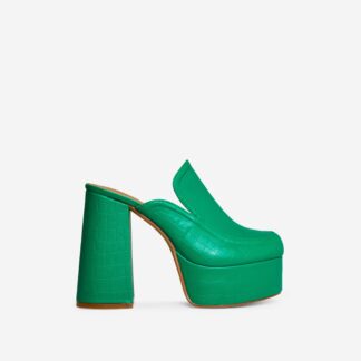 Only-One Closed Toe Platform Block Heel Mule In Green Croc Print Faux Leather, Green