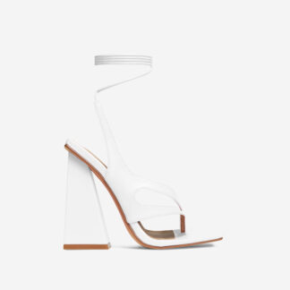 On-My-Soul Lace Up Strappy Square Toe Sculptured Flared Block Heel In White Faux Leather, White