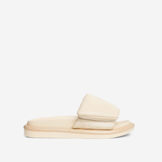 Pillow Velcro Strap Flatform Slider Sandal In Cream Nude Nylon, Nude