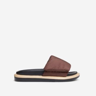 Pillow Velcro Strap Flatform Slider Sandal In Brown Nylon, Brown