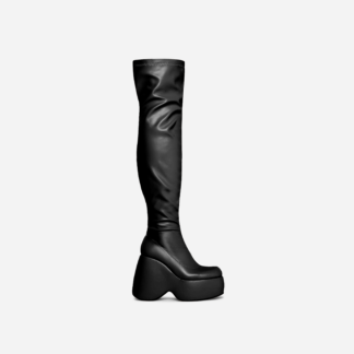 Popstar Platform Wedge Over The Knee Thigh High Long Biker Boot In Black Faux Leather, Black