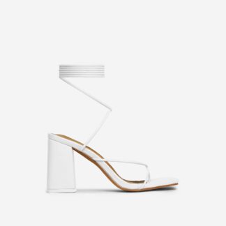 Posh Lace Up Strappy Square Toe Block Heel In White Faux Leather, White