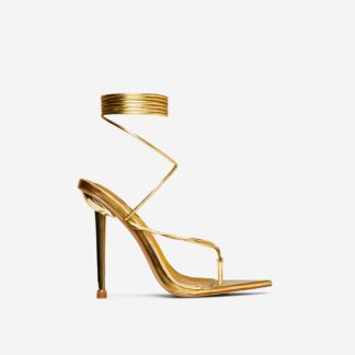 Rollin Lace Up Twisted Strap Detail Pointed Toe Stiletto Heel In Gold Faux Leather, Gold