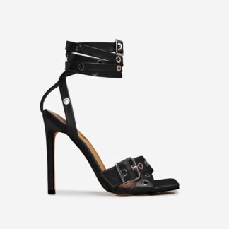 Rachael Eyelet Buckle Detail Strappy Square Toe Stiletto Heel In Black Faux Leather, Black