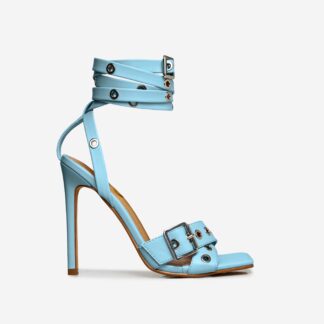 Rachael Eyelet Buckle Detail Strappy Square Toe Stiletto Heel In Blue Faux Leather, Blue