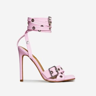 Rachael Eyelet Buckle Detail Strappy Square Toe Stiletto Heel In Pink Faux Leather, Pink