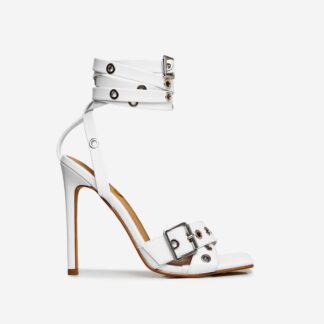 Rachael Eyelet Buckle Detail Strappy Square Toe Stiletto Heel In White Faux Leather, White