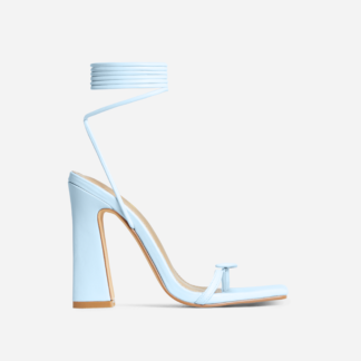 Rajah Lace Up Button Detail Square Toe Flared Block Heel In Light Blue Faux Leather, Blue