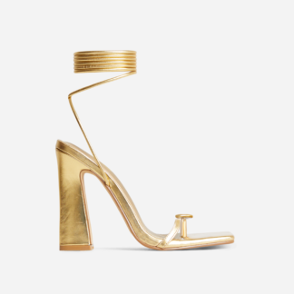 Rajah Lace Up Button Detail Square Toe Flared Block Heel In Gold Metallic Faux Leather, Gold