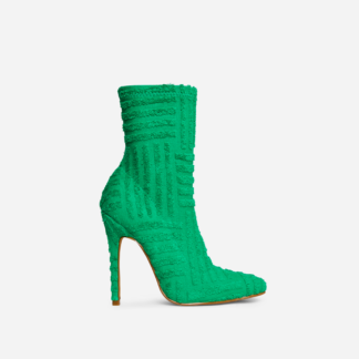 Ricochet Pointed Toe Stiletto Heel Ankle Sock Boot In Green Terry Towel Fabric, Green