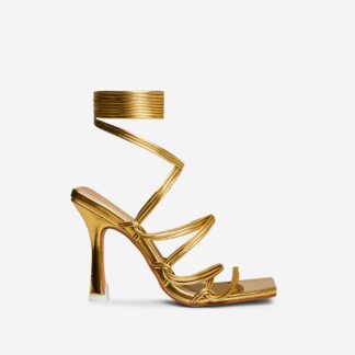 Rio Lace Up Double Strap Square Toe Heel In Gold Faux Leather, Gold