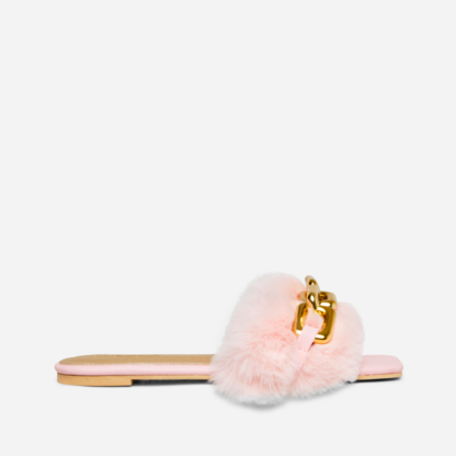 Riverbend Chain Detail Square Peep Toe Flat Slider Sandal In Pink Faux Fur, Pink