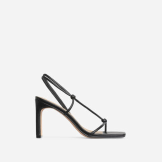 Marble Square Toe Knot Detail Heel In Black Faux Leather, Black