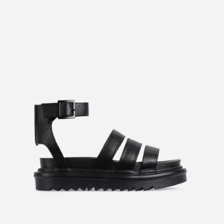 Lover Chunky Sole Flat Gladiator Sandal In Black Faux Leather, Black