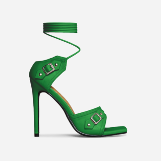 Scorpio Lace Up Buckle Detail Square Toe Stiletto Heel In Green Faux Leather, Green