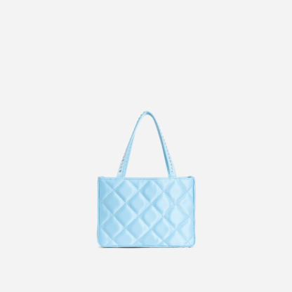 Seren Diamante Strap Detail Shopper Bag In Blue Quilted Satin,, Blue