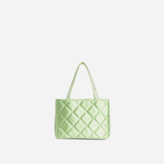 Seren Diamante Strap Detail Shopper Bag In Green Quilted Satin,, Green