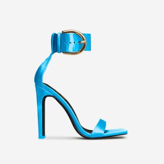 So-Am-I Oversized Buckle Detail Square Toe Thin Block Heel In Blue Satin, Blue