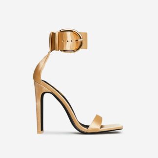 So-Am-I Oversized Buckle Detail Square Toe Thin Block Heel In Gold Satin, Gold