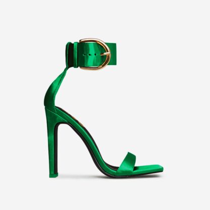 So-Am-I Oversized Buckle Detail Square Toe Thin Block Heel In Green Satin, Green