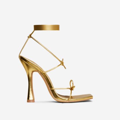 Springtime Lace Up Bow Detail Square Toe Heel In Gold Metallic Faux Leather, Gold