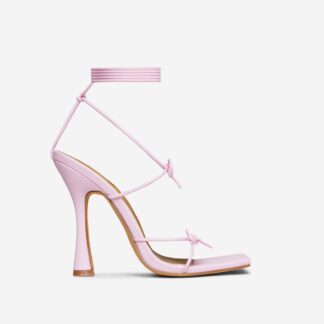 Springtime Lace Up Bow Detail Square Toe Heel In Pink Faux Leather, Pink