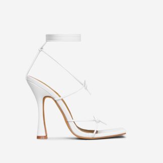 Springtime Lace Up Bow Detail Square Toe Heel In White Faux Leather, White