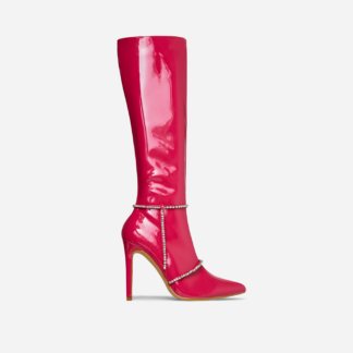 Spurs Diamante Detail Pointed Toe Stiletto Heel Mid Calf Long Boot In Pink Patent, Pink