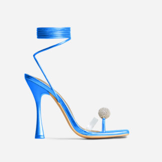 Sundale Lace Up Diamante Ball Detail Clear Perspex Strap Square Toe Thin Flared Heel In Blue Metallic Faux Leather, Blue