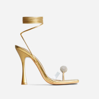 Sundale Lace Up Diamante Ball Detail Clear Perspex Strap Square Toe Thin Flared Heel In Gold Metallic Faux Leather, Gold