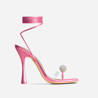 Sundale Lace Up Diamante Ball Detail Clear Perspex Strap Square Toe Thin Flared Heel In Pink Metallic Faux Leather, Pink