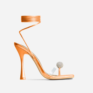 Sundale Lace Up Diamante Ball Detail Clear Perspex Strap Square Toe Thin Flared Heel In Orange Metallic Faux Leather, Orange