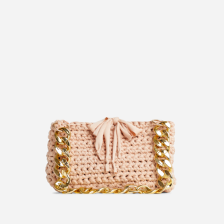 Primrose Chain Detail Rectangle Shaped Shoulder Bag In Nude Woven Fabric,, Nude