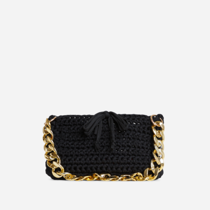 Primrose Chain Detail Rectangle Shaped Shoulder Bag In Black Woven Fabric,, Black