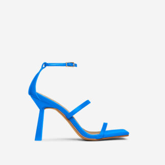Tai Triple Strap Chain Detail Square Toe Slanted Heel In Blue Faux Leather, Blue