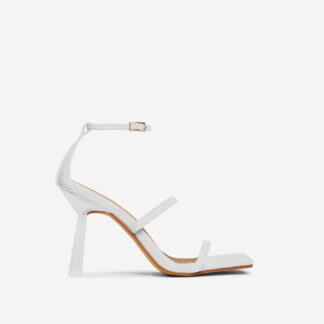 Tai Triple Strap Chain Detail Square Toe Slanted Heel In White Faux Leather, White