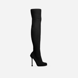 That-Girl Square Toe Stiletto Heel Over the Knee Thigh High Long Sock Boot In Black Ribbed Knit, Black