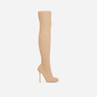 That-Girl Square Toe Stiletto Heel Over the Knee Thigh High Long Sock Boot In Nude Ribbed Knit, Nude